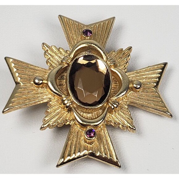 1983 Avon Maltese Cross Allegro Collection Amber Color Gold Tone Brooch Pendant - Picture 1 of 13